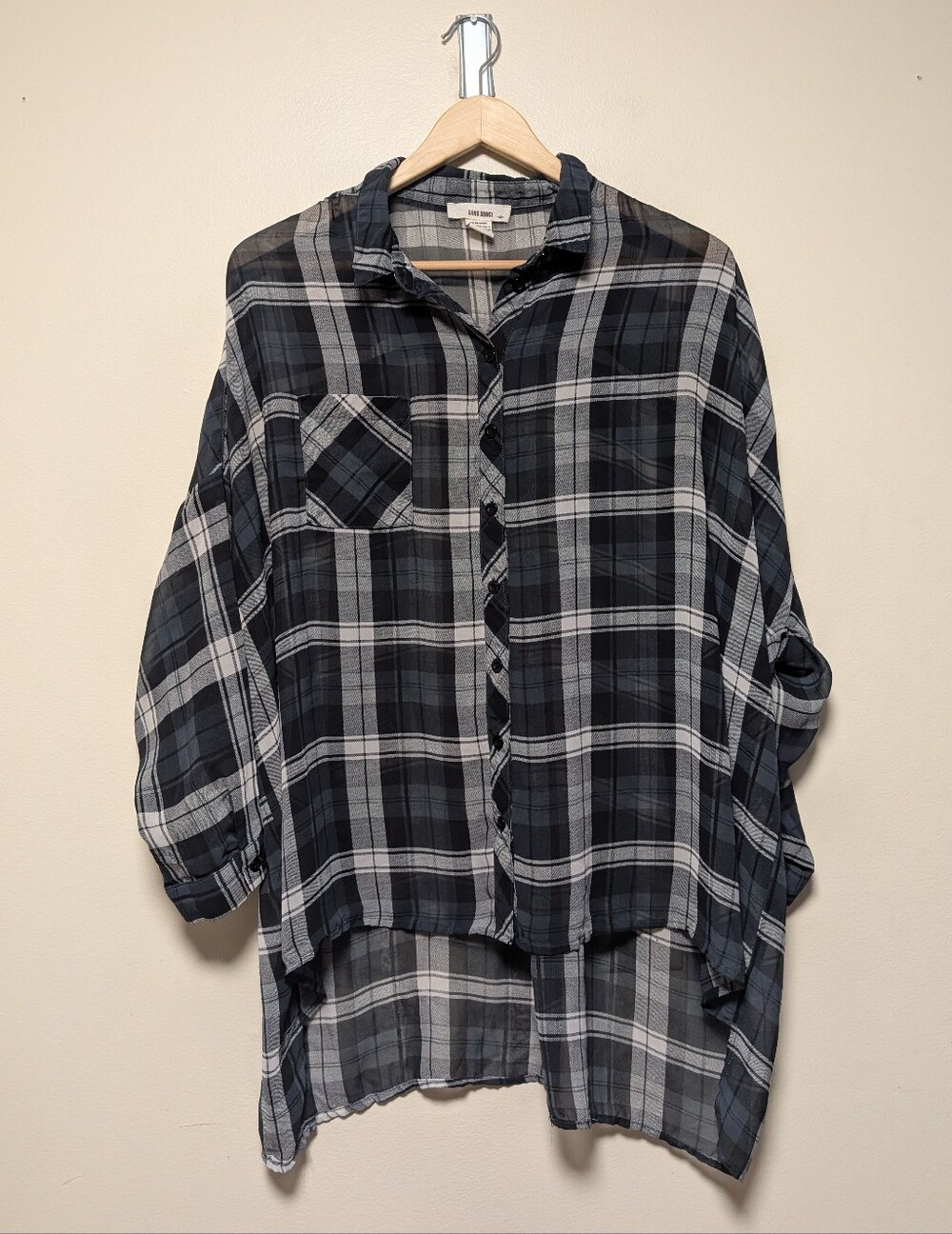 Sans Souci Black Gray Plaid Oversized High Low Button Down Shirt Medium